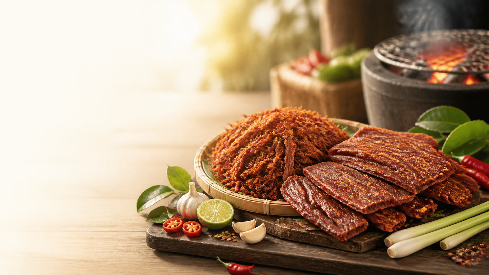 Minh họa khô bò cùng tỏi ớt sả cạnh bếp than hoa truyền thống